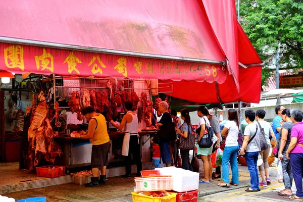 Línea Tranvía Que Atraviesa Calle Chun Yeung Mercado Húmedo Hong —  Fotos de Stock