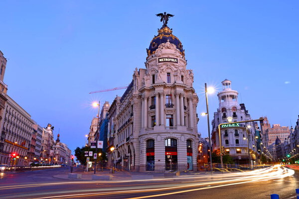 Cityscape at Calle de Alcala and Gran Via, main shopping street in Madrid, Spain, Europe.
