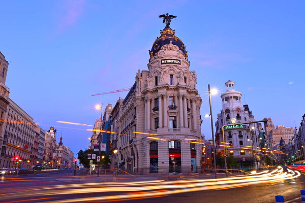 Cityscape at Calle de Alcala and Gran Via, main shopping street in Madrid, Spain, Europe.