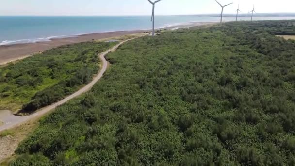 Drone Disparó Vista Aérea Turbina Eólica Costa Orilla Del Mar — Vídeos de Stock