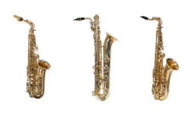 wind instruments saxophones Alto,tenor,baritone isolated against a white background clipart