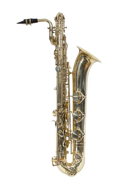 Klasické Hudební Nástroj Baryton Saxofon Izolovaných Bílém Pozadí — Stock fotografie