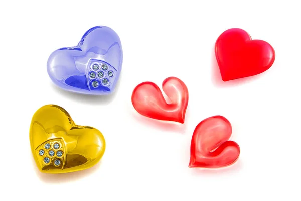 Set Valentines Hearts Red Glass Valentine Yellow Blue Metal Isolated — Stock Photo, Image