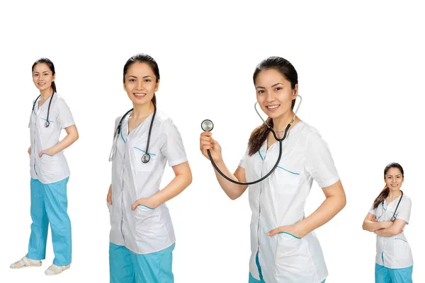 Gadis Perawat Dokter Dengan Stetoskop Pada Latar Belakang Putih Terisolasi — Stok Foto