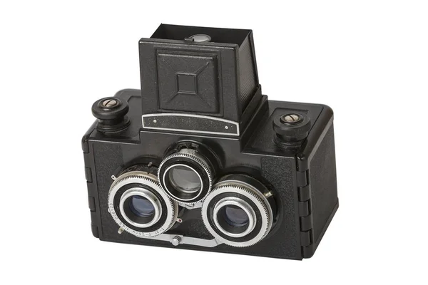 Vintage Camera Met Drie Lenzen Geïsoleerd Een Witte Achtergrond Stereo — Stockfoto