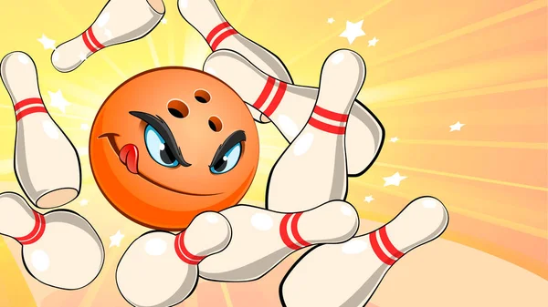 Orange Bowlingball Streut Die Pins Auf Gelbem Hintergrund — Stockfoto
