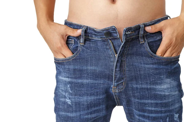 Man Denim Broek Sluiten Omhoog Geïsoleerd Witte Achtergrond Blauwe Jeans — Stockfoto