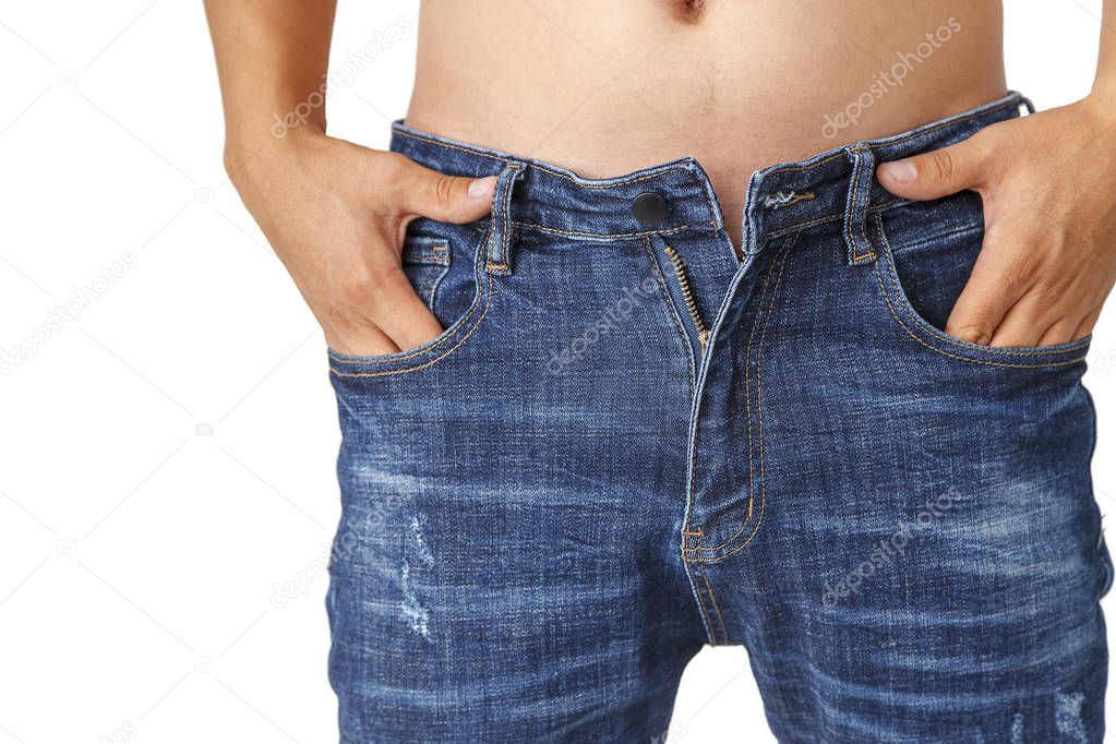 man in denim pants close - up isolated on white background, blue jeans