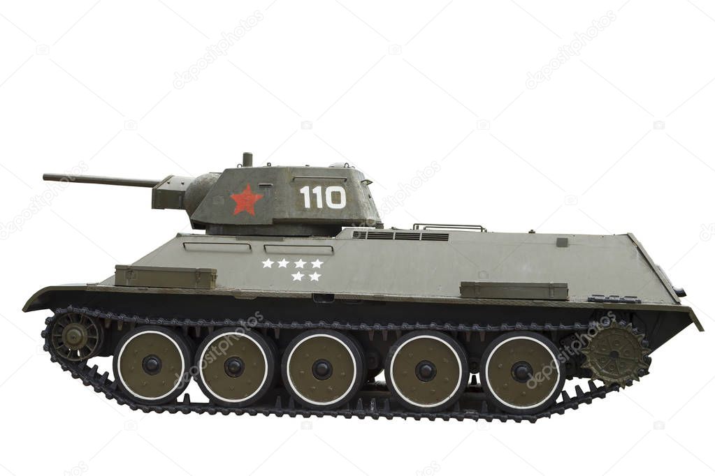 Russian tank of world war II, the old Soviet tank isolated on a white background
