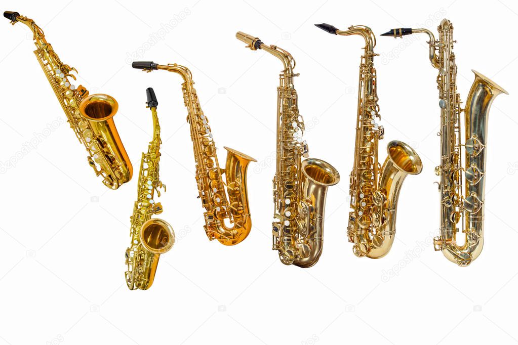 saxophone isolated on white background, group of saxophones