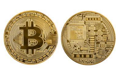 Altın bitcoins ön ve arka yüzüne izole üzerinde beyaz arka plan sikke