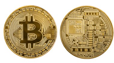 Altın bitcoins ön ve arka yüzüne izole üzerinde beyaz arka plan sikke