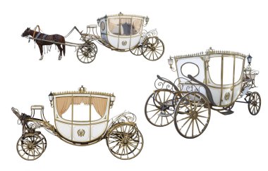 white carriage drawn by a chestnut horse isolated on white background, an empty carriage isolated on white background, set, space clipart