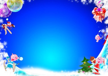 Yeni yıl kartı, Noel Baba kostümleri domuz yavruları tepeden aşağı kayaklar üzerinde 2019 sembolü binmek