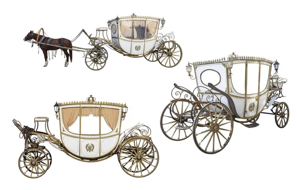 White carriage drawn by a chestnut horse isolated on white background, an empty carriage isolated on white background, set, space — Stock Image White Carriage Drawn Chestnut Horse Isolated White Background Empty Carriage Royalty Free Stock Photos