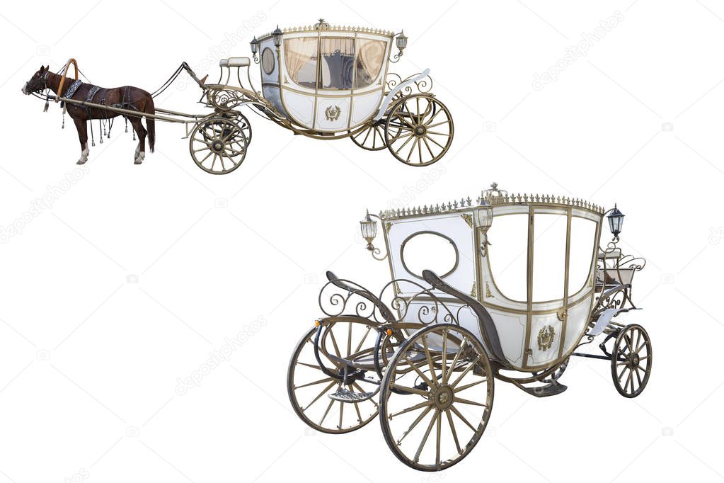 white carriage drawn by a chestnut horse isolated on white background, an empty carriage isolated on white background, set, space