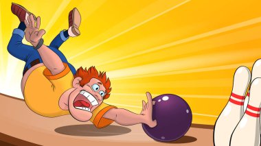 illustration of a man throwing a bowling ball on the playing field, a man playing bowling and falling behind a bowling ball clipart