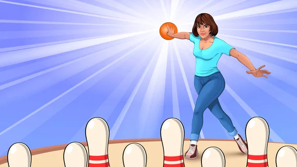 illustration of a woman throwing a bowling ball on the playing field, a girl playing bowling, bowling pins