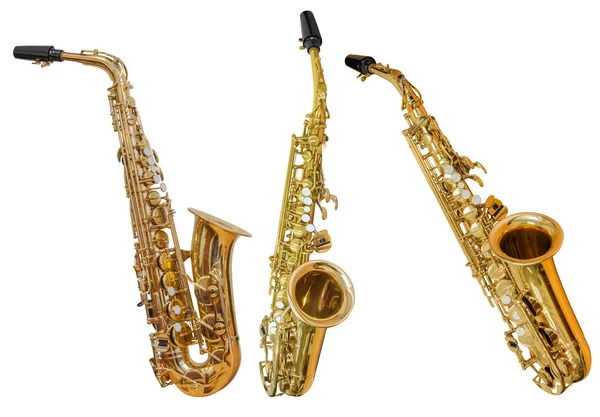Instrumento Musical Clássico Sopro Saxofone Isolado Sobre Fundo Branco — Fotografia de Stock