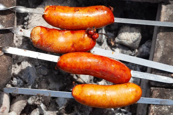 Saucisses Kebab Frites Sur Braises Vue Haut — Photo