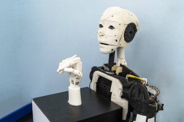 Chelyabinsk. Rusya-24 Şubat 2019. robotların üretimi için stand, bir insan yüzü ile bir robot, mekanik bir el, bir biyonik el. Robotik Sergisi-Robo Stars robotlar Festivali