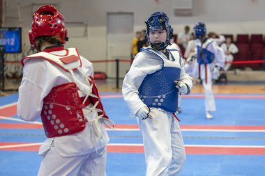  mavi ve kırmızı taekwondo ekipmanları iki kız doyang mücadele ediyor 