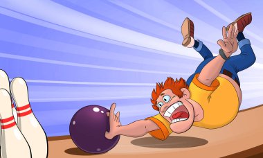 sarı tişört bir erkekte bir bowling topu atar ve falls oynarken izlemek, mavi bir arka plan üzerinde bowling oynayan bir adam