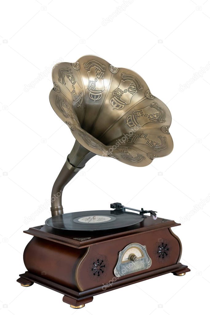 vintage gramophone with disc isolated on white background