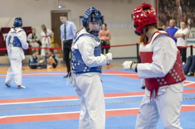 mavi ve kırmızı taekwondo ekipmanları iki kız doyang mücadele ediyor 