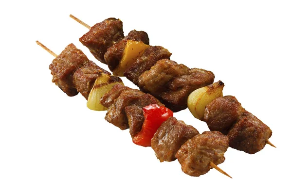 Shashlik Shish Kebab Meat Kebab กบนไม Skewers แยกก นบนพ นหล — ภาพถ่ายสต็อก