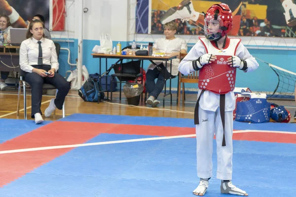 Chelyabinsk Russian Federation May 2019 Boy Gear Taekwondo Helmet Vest — Stock Photo, Image
