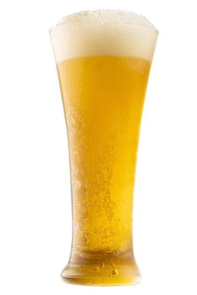 Caneca Vidro Cerveja Fresca Com Espuma Isolada Fundo Branco — Fotografia de Stock