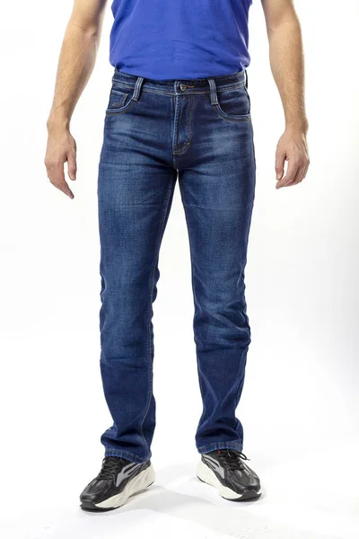 Man Jeans Jeans Byxor Närbild Vit Bakgrund Blå Jeans — Stockfoto