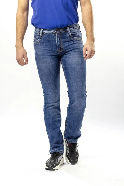 Man Jeans Jeans Byxor Närbild Vit Bakgrund Blå Jeans — Stockfoto