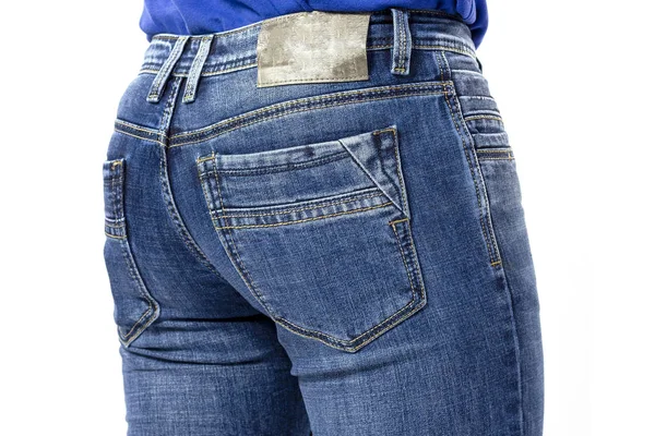 Textura Jeans Homens Azuis Cuzinho Dos Homens Coberto Com Jeans — Fotografia de Stock