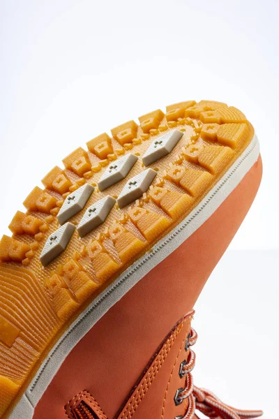 Orangefarbener Schuh Isoliert Auf Weißem Hintergrund Orangefarbene Schuhsohle Nahaufnahme — Stockfoto