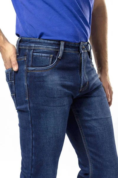 Man Jeans Spijkerbroek Close Witte Achtergrond Blauwe Jeans — Stockfoto