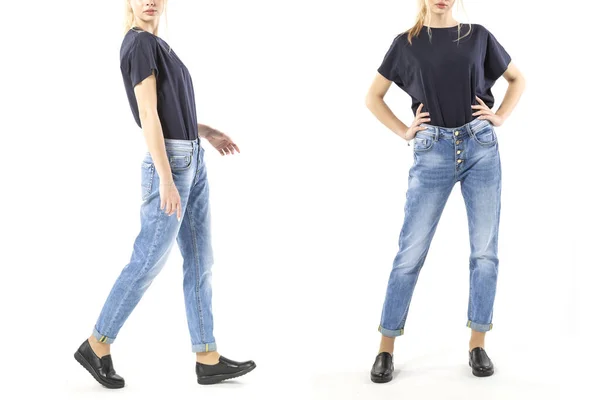 Mädchen Jeans Zeigt Jeans Auf Weißem Hintergrund Nahaufnahme Blaue Jeans — Stockfoto