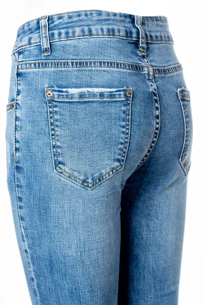 Jeans Azules Aislados Sobre Fondo Blanco Vista Frontal Maniquí Fantasmal —  Fotos de Stock