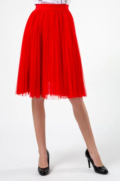 Girl Red Skirt High Heels White Background — 图库照片