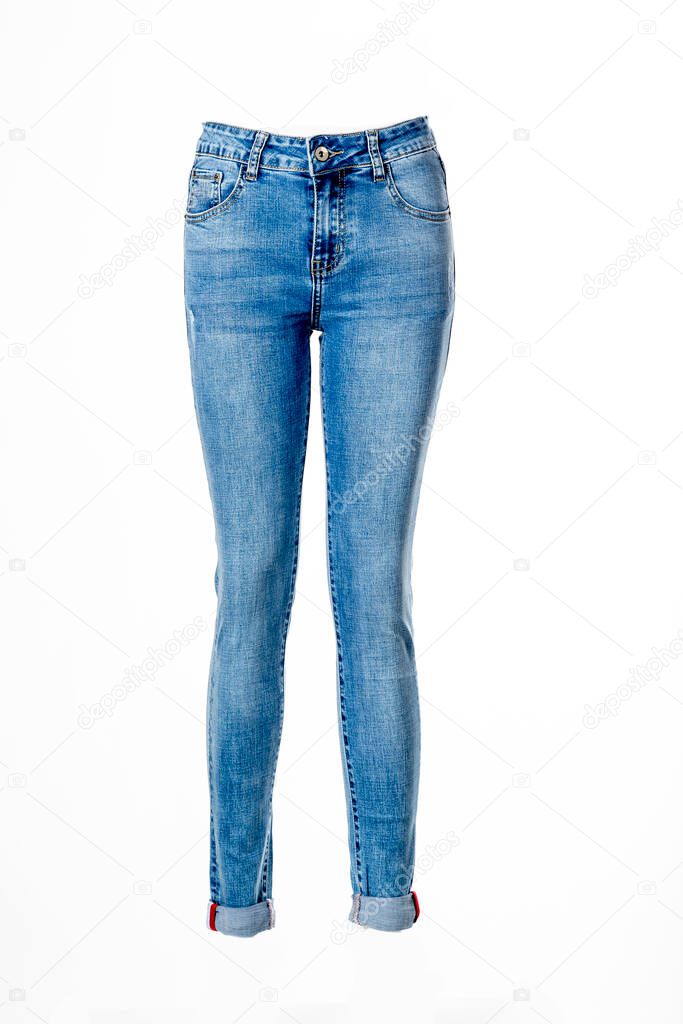 blue jeans isolated on a white background, front view, ghostly mannequin
