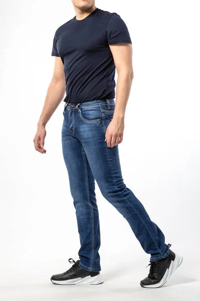 Man Jeans Jeans Byxor Närbild Vit Bakgrund Blå Jeans — Stockfoto