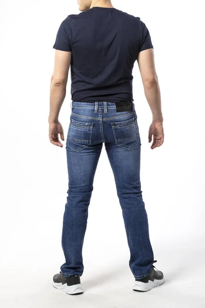 Man Jeans Spijkerbroek Close Witte Achtergrond Blauwe Jeans Blauw Shirt — Stockfoto