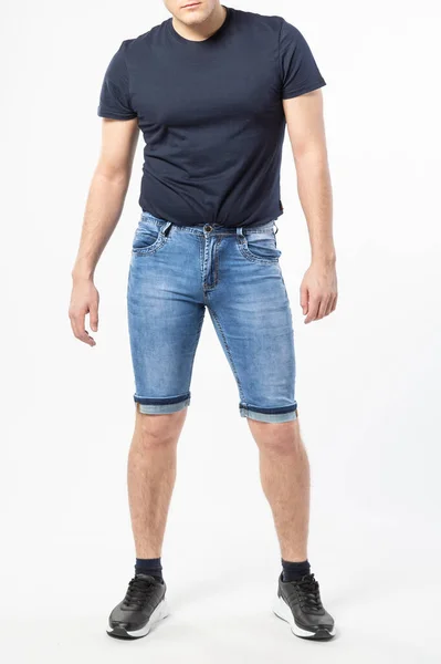 Man Denim Shorts White Background — Stock Photo, Image