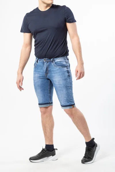 Homem Calções Jeans Fundo Branco — Fotografia de Stock