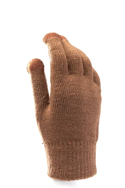 羊毛针织手套 白色背景为褐色 智能手机用 触摸手套 — 图库照片