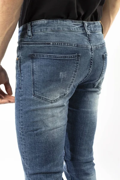 Homem Jeans Calças Jeans Close Fundo Branco Jeans Azul Camiseta — Fotografia de Stock