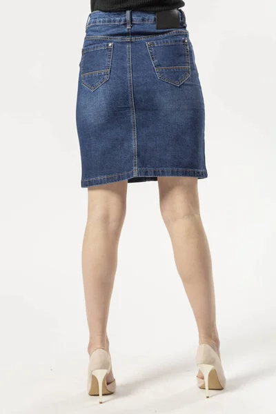 Girl Denim Short Skirt High Heels White Background — Stock Photo, Image