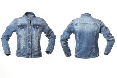 Beyaz arka planda yalıtılmış kot ceket, mavi kot pantolon.