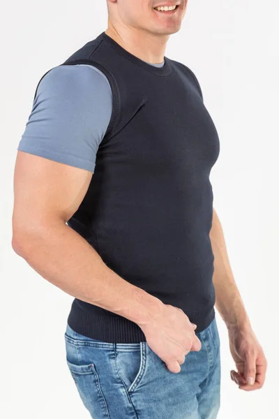 Een Man Met Een Gebreid Vest Een Blauwe Jeans Een — Stockfoto